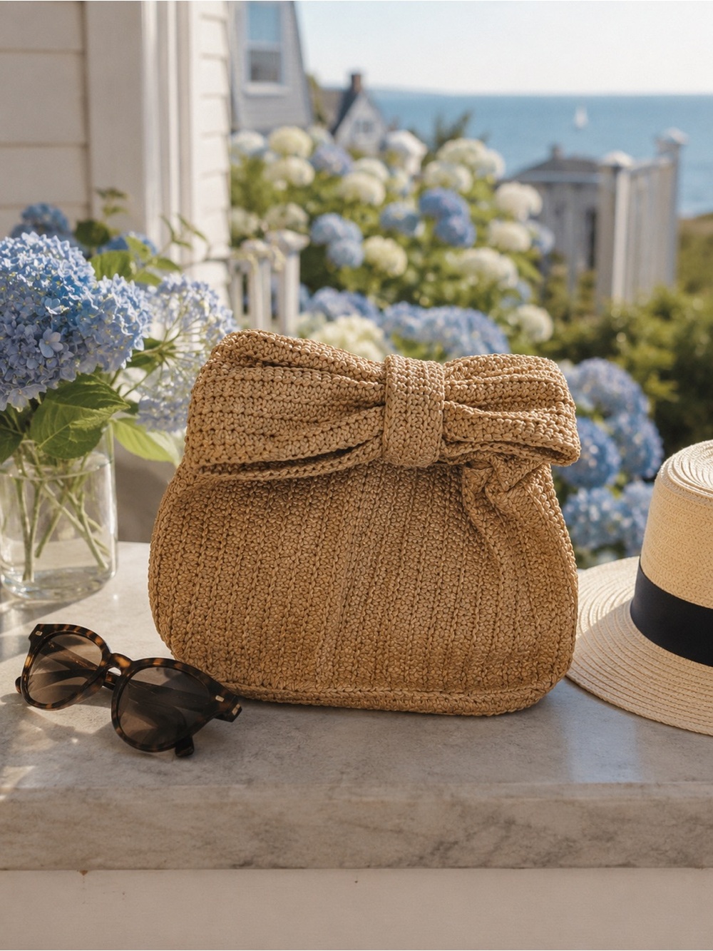 Raffia bow bag, raffia purse, brand new never used!